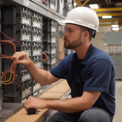 Male electrician wearing a blue shirt and white hard hat, working on an electrical box