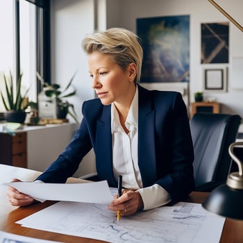 Woman wearing a navy suit, sitting at her desk reviewing paperwork